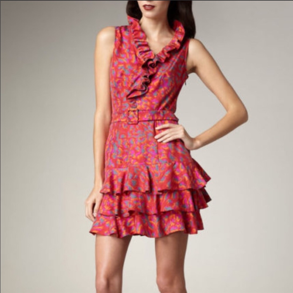 Rachel Zoe Donna Belted Printed Ruffle Hem Dress